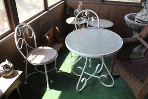lot 1004 image: MetalGlass Top Patio Table, (2) Chairs