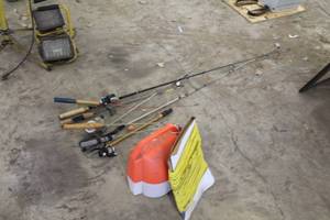 lot 1109 image: Lot of (10) Fishing Equipment - Fishing RodReel, Fishing Poles, Nylon Rope and Anchor
