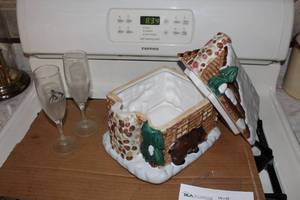 lot 102 image: Winter Cabin Theme Ceramic Cookie Jar with (2) Stem Wine Glasses