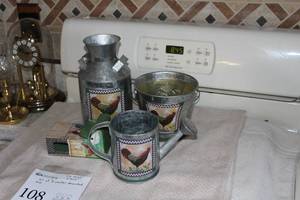 lot 108 image: Lot of (3) Rooster Theme Tins - Milk Jug, Water Can, Pail