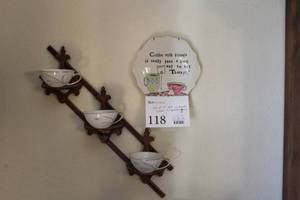 lot 118 image: CoffeeTherapy Decorative Wall Plate, Wall-Mount Tea Cup Holder with (3) Tea Cups
