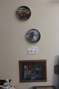 lot 120 image: Lot of (3) John Deere Theme Wall Dcor - (2) Collectors Plates, Farm Scene Print in Wood FrameDouble Matte