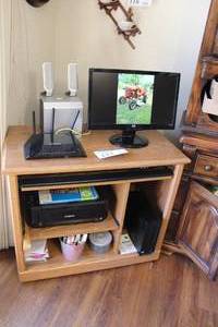 lot 143 image: Computer Work Station - HP Computer Monitor 19, Keyboard and Mouse, Hard Disk Drive, Canon MG3620 Printer, Modem, Speakers and Subwoofer