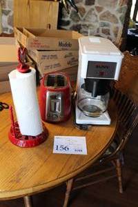 lot 156 image: Dunn Coffee Machine, 2-Slice Wide Mouth Toaster, Rooster Theme Paper Towel Holder