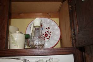 lot 177 image: Vintage Pyrex Dish with Lid with  (5) Ceramic Cup with Pitcher, (2) Syrup Jars, (1) Deviled Eggs Tray, (1) Glass Bowl 6, (1) Glass 5-12