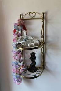 lot 1791 image: Metal Wall-Mount Display Shelf 2-tier with Dcor - Figurines, Basket, Jar, Floral Dcor