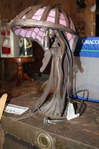 lot 1822 image: Vintage Angel Theme MetalStained Glass Shade Table Lamp