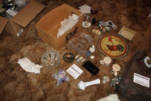 lot 1813 image: Home Dcor - Salt & Pepper Shakers, Rooster Plate, Bear Candy Bowl, Glass Candy Bowl, Candleholder and more dcor