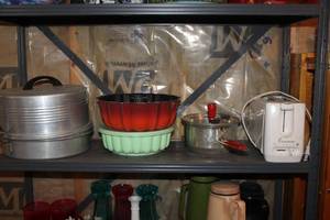 lot 1870 image: Cake Tin, Cake Storage, 2-Slice Toaster, Popcorn Popper, Misc. Household