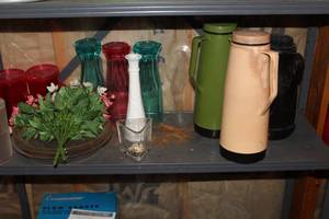 lot 1871 image: Decorative Glass Vases, Coffee Carafe, Floral Display, Misc. Household
