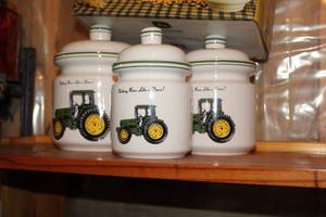 lot 1863 image: Lot of (3) John Deere Tractor Theme Ceramic Spice Containers