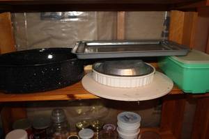 lot 1865 image: Roasting Pan, Baking Sheets, Pizza Stone, Tupperware