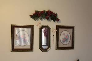 lot 380 image: Lot of (6) Wall Dcor - Framed Wall Art, Decorative Wall Mirror, Floral Border, Butterfly Dcor