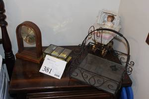 lot 381 image: Bedroom Dcor - Clock, Jewelry Box, Doll Carriage, GlassWire Tray