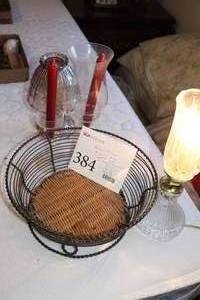 lot 384 image: Basket, (2) Candleholders, (1) Candle Light, 13 Table Lamp