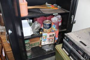 lot 434 image: Contents of Shelves - Lantern, Catalytic Heater, Misc. Chemicals, Paint or Varnish