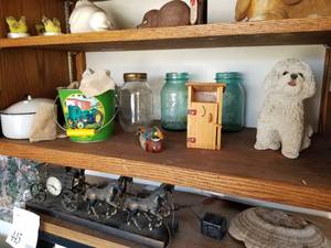 lot 444 image: Mason Jars, Puppy Statue, Outhouse Dcor, John Deere Pail