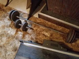 lot 1737 image: Vintage Exercise Weights - Dumbbell with Free Weights, Weight Lifting Bar with Free Weights