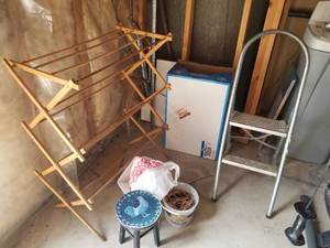 lot 1744 image: Wooden Folding Clothes Drying Rack, 2-step Step Ladder, Wood Clothes Pins, Rooster Theme Decorative Step Stool