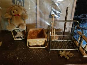 lot 1771 image: Teddy Bear in Chair, Wicker Basket, Magazine Rack, Paper Towel Holder