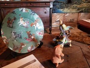 lot 1777 image: Cats and Pups Collectors Plate, Bird Figurines, Cat Figurine