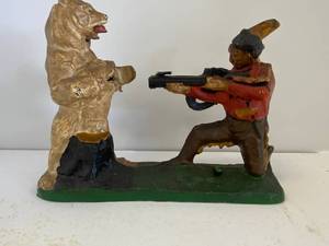 lot 31 image: Cast Iron Indian Shooting Bear Mechanical Bank Original Antique Americana Toy (AS IS)