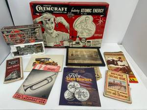 lot 45 image: Miscellaneous Lot including Tin Litho Chemcraft&nbsp Chemistry Set Atomic Energy (Empty) , Burlington Route Time Tables And More