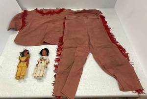 lot 63 image: Vintage Childs Native American Outfit and Dolls