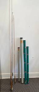 lot 74 image: Vintage Fly Rods Some Are Bamboo Includes South Bend. Also Vintage Heddon Fly Rod Tubes
