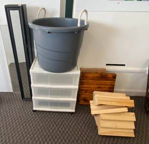 lot 82 image: Group of Household Items, Mirrored Jewelry cabinet and misc. wood risers and shelves