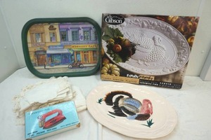 metal tray with city scene and turkey platters