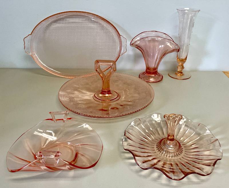 Lot of Pink Carnival Depression Glass Serving Ware and Vase