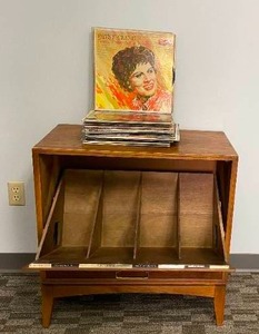 Mid Century Drop Front Vinyl Record Cabinet with Records