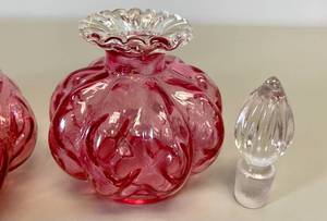 Vintage Fenton Perfume Bottles and Powder Jar-Cranberry Quilt Glass