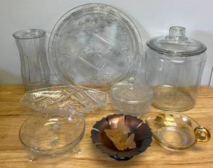 Lot of Clear Glassware, Cookie Jar, Serving Trays, Candy Dish and More