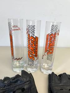 2000 Sturgis Tall Shot Glasses and Leather Motorcycle Gloves