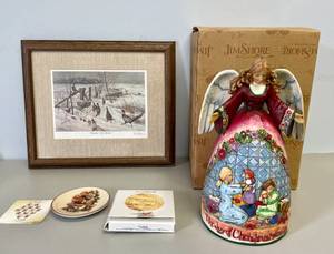 Jim Shore Large Wood Carved Angel, Leslie Kouba Print, and Collectible Mini Plate