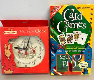 Card Games Set, Santa Bear Tumbler and Soap Dish Set, and Bunnykins Nursery Clock