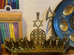 Vintage Brass Chanukah Candle Holder, Candles and More