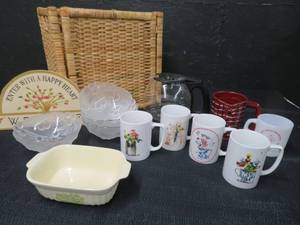 lot 84 image: WICKER BASKET FULL OF KITCHEN GOODIES.