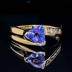 lot 16 image: Eye Catching Trillion Cut Natural Tanzanite & 0.25 ctw Diamond Geometric Estate Ring in 18k Yellow Gold $3100 Retail