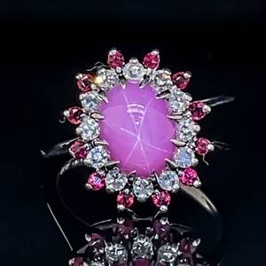 lot 26 image: Unique Treasure Oval Cabochon Star Ruby, Ruby & Diamond Halo Cluster Cocktail Estate Ring in 14k White Gold $3250 Retail VIDEO
