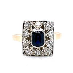 lot 27 image: Art Deco Vintage Natural Blue Sapphire & Diamond Rectangle Top Filigree Estate Ring in Two-Tone Gold $2299 Retail
