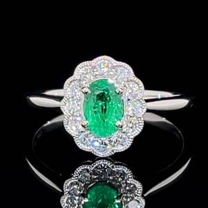 lot 31 image: Gorgeous Vibrancy Oval Natural Emerald & Diamond Cluster Flower Halo Cocktail Ring in 14k White Gold $3150 Retail