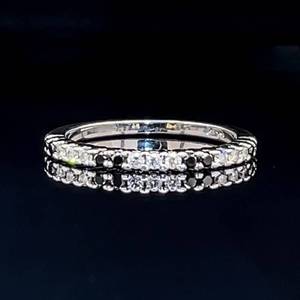 lot 41 image: Contemporary Vintage Elegance Black & White Diamond  Eternity Slim Stacking Band Ring in 14k White Gold