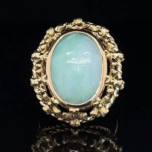 lot 47 image: Special Vintage Estate Large Oval Cabochon Light Green Jade Cross & Twisted Barbed Wire Cocktail Ring in 18k Yellow Gold