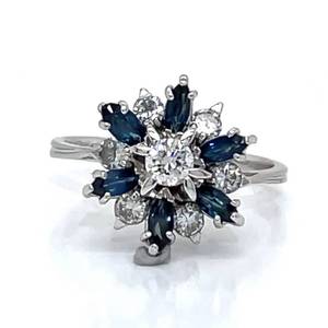 lot 71 image: Vintage 1.25ctw Diamond VS Clarity & Natural Sapphire Snowflake Cluster Cocktail Estate Ring in 14k White Gold $2750 Retail