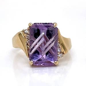 lot 75 image: Gorgeous Purple Fancy Cut Amethyst & Diamond Geometric Stacked Ring in 14k Yellow Gold $1200 Retail