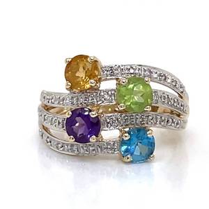 lot 76 image: Stunning Rainbow Semi-Precious Gemstone Peridot, Blue Topaz, Amethyst, Citrine & Diamond Bubble Bypass Ring in 14k Yellow Gold $1599 Retail