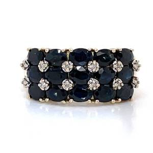 lot 77 image: Timeless Elegance Oval Natural Blue Sapphire & Diamond Curved Triple Row Estate Triple Split Shoulder Ring in Yellow Gold